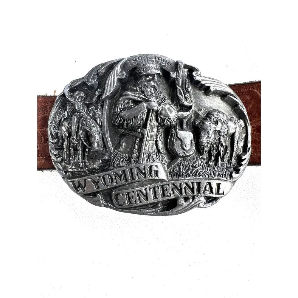 Wyoming Centennial 1990 Pewter Siskiyou Belt Buckle & Cowhide Leather Belt